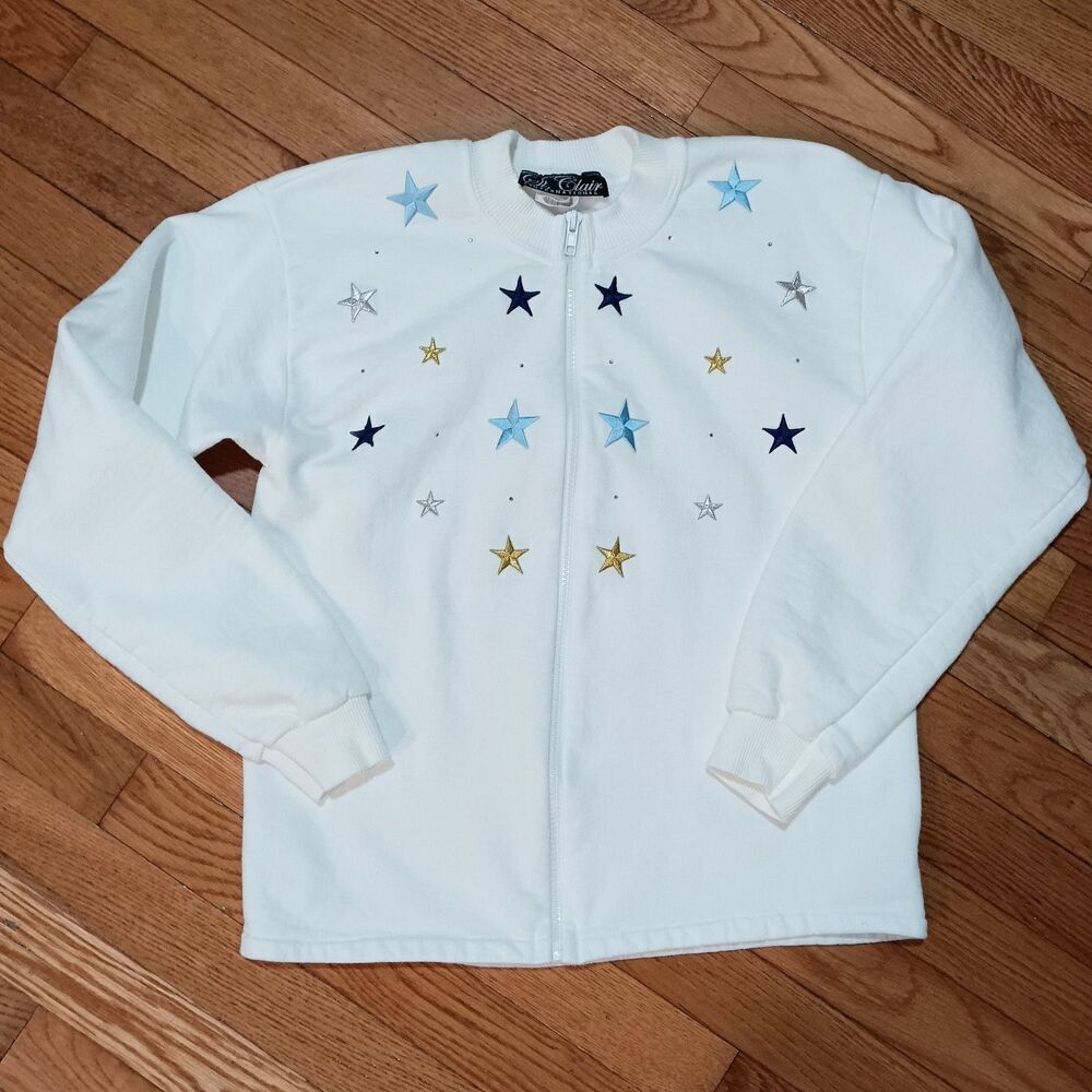 St Clair Vintage Long Sleeve Full Zip Sweater Sz S, White w Embroidered Stars